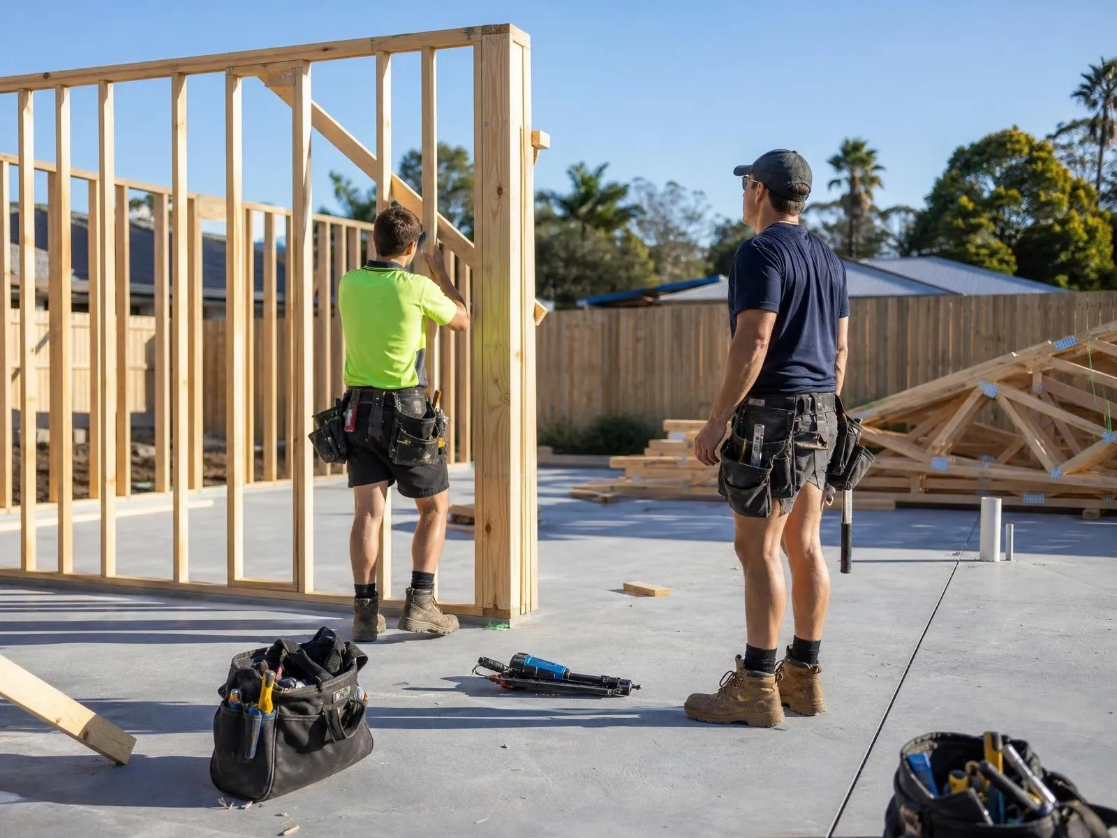 Australian low-rise residential construction site with chippies, brickies and a site supervisor on a Brisbane build