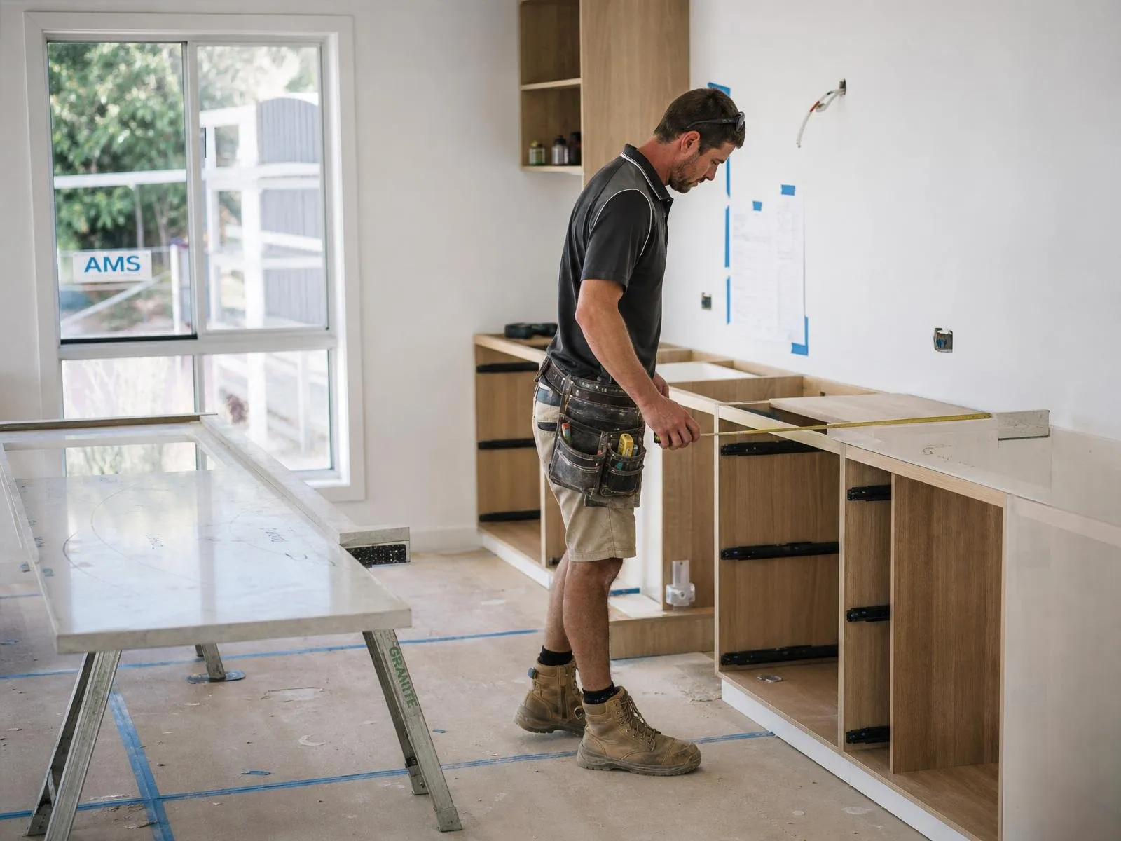 Australian residential kitchen renovation with tradesman measuring cabinet carcasses