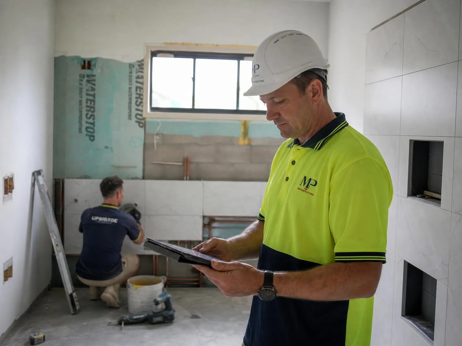 Australian residential bathroom renovation site with supervisor reviewing plans on a tablet
