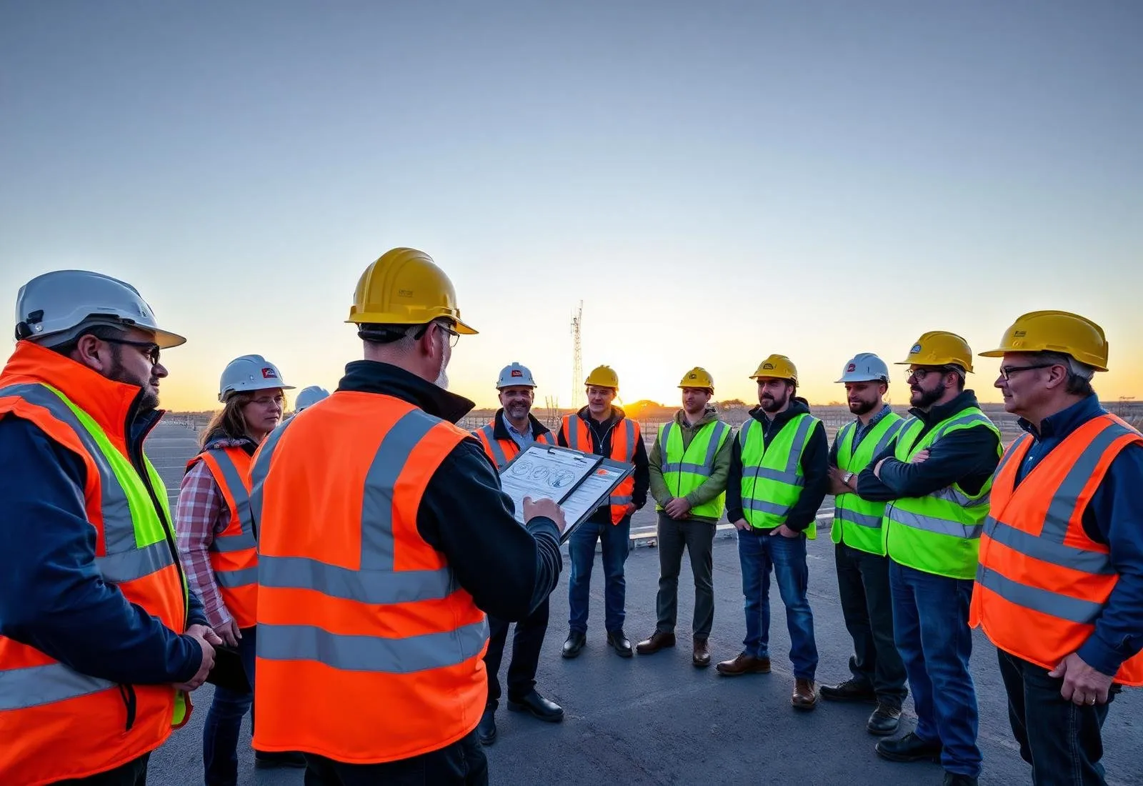Australian WHS coordinator running a pre-start safety briefing on site