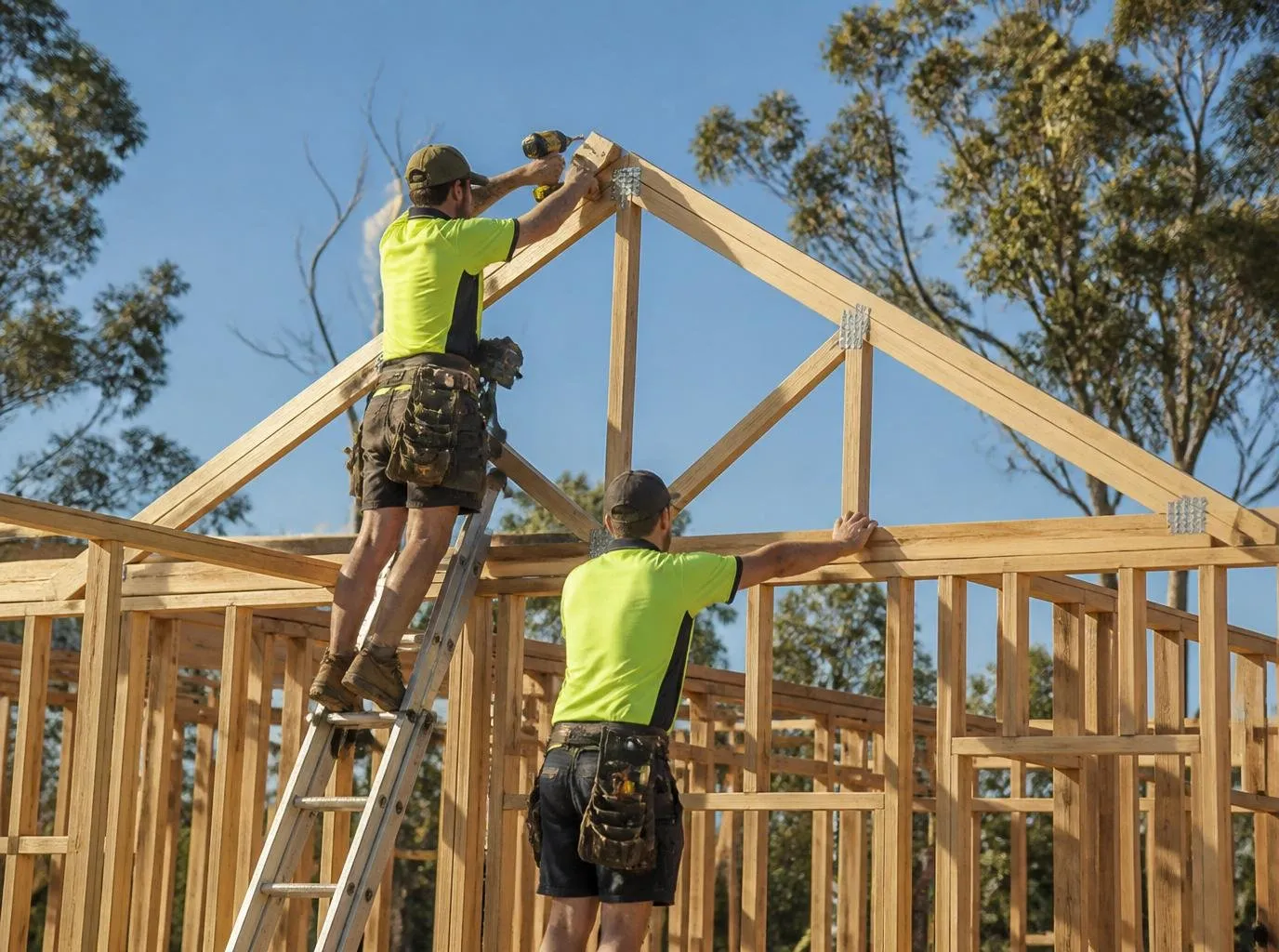 Australian carpenters erecting a timber roof truss on a Queensland residential build