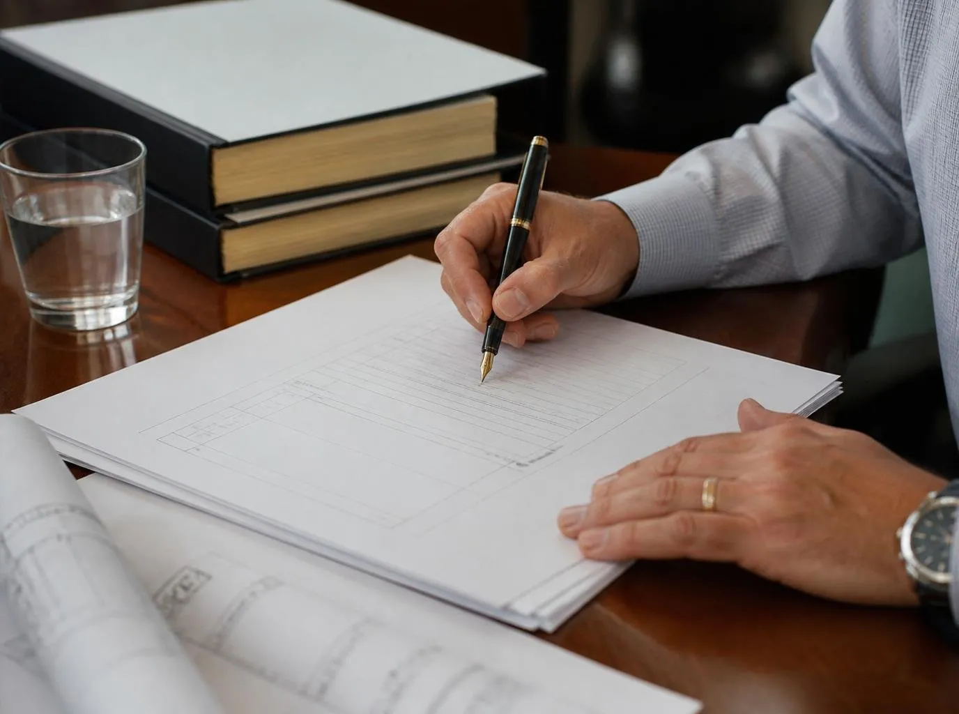 Contract administrator signing a head-contract document on a timber desk