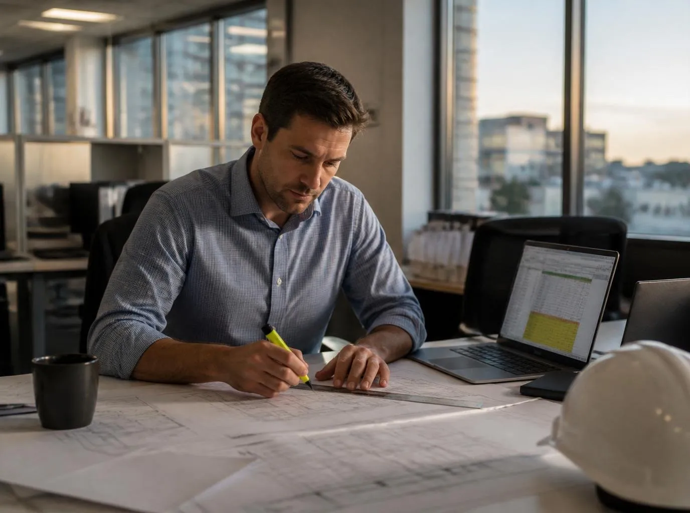 Australian estimator marking up architectural drawings beside a laptop spreadsheet