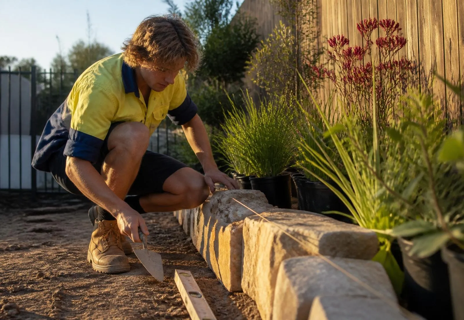 Australian landscape construction crew laying sandstone pavers and planting native gardens on a Brisbane residential site