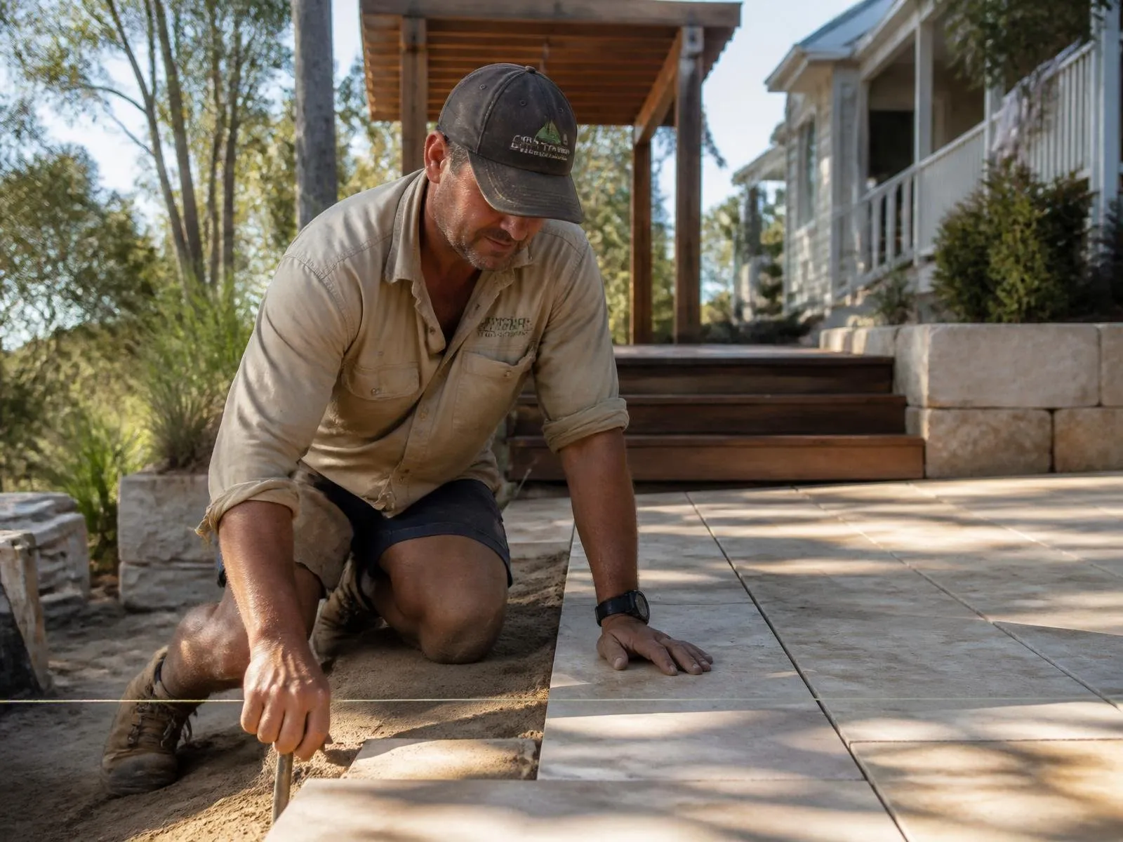 Australian landscape contractor setting out a paved patio at a Queenslander home