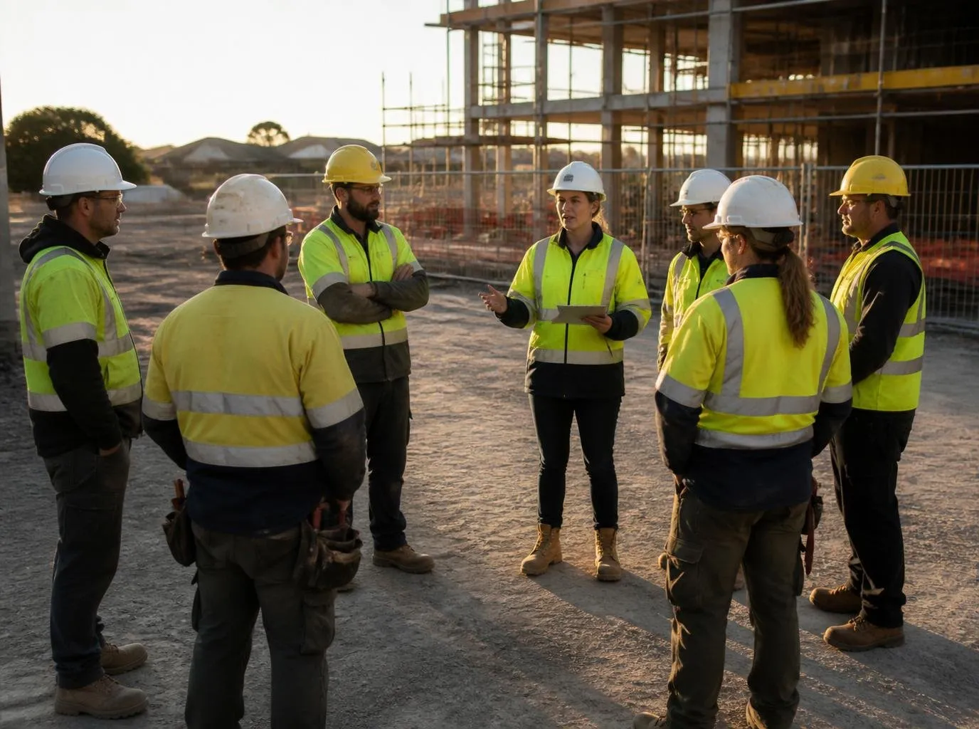 WHS safety advisor leading a pre-start toolbox meeting with tradies on an Australian construction site