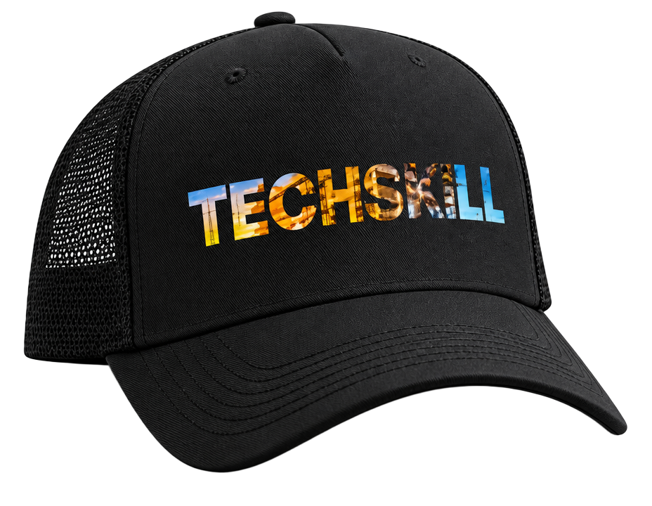 Black Techskill trucker cap with the TECHSKILL wordmark printed on the front